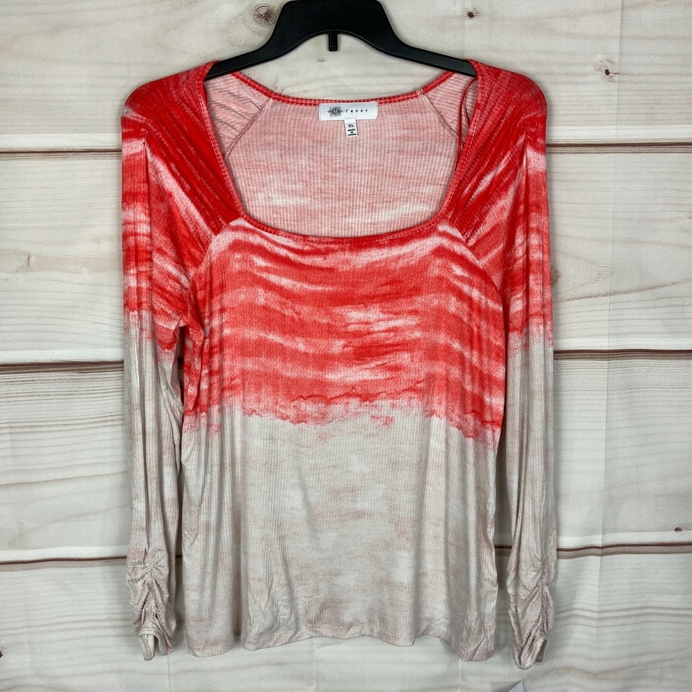 Fever Top Womens XL Red Tie-Dyed Long Sleeve Square Neck‎ Ribbed Knit T-Shirt